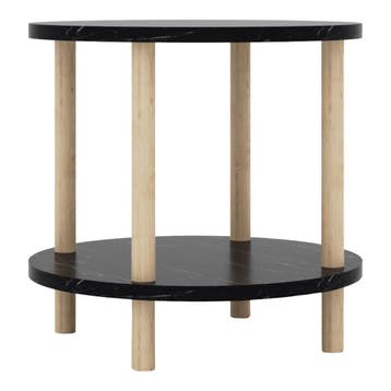 Bijzettafel Ves rond Ø42x49 cm marmerlook zwart en houtkleur, Verzenden, Nieuw