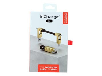 8x Laad+datakabel 6-in-1 sleutelhanger 9cm Incharge, goud, Nieuw