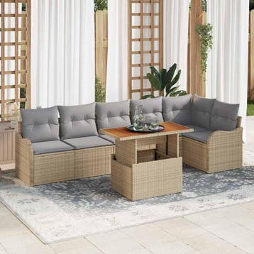 vidaXL Tuin Sofa Set 7 st Beige Poly riet, Verzenden, Nieuw, Rotan, 7 zitplaatsen