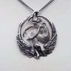 Zilver, Art Nouveau, Jonge dame + Zwaan - Ketting met hanger