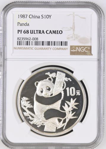 Chinese Panda 1 oz 1987 NGC PF68 UCAM gecertificeerd, Verzenden, Oost-Azië, Losse munt, Zilver