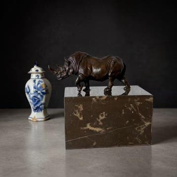 Beeld, Neushoorn - 13 cm - Brons, Marmer