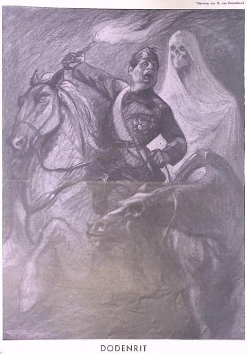 Spotprent met de Dood te paard die man achtervolgt (Lithos), Verzenden