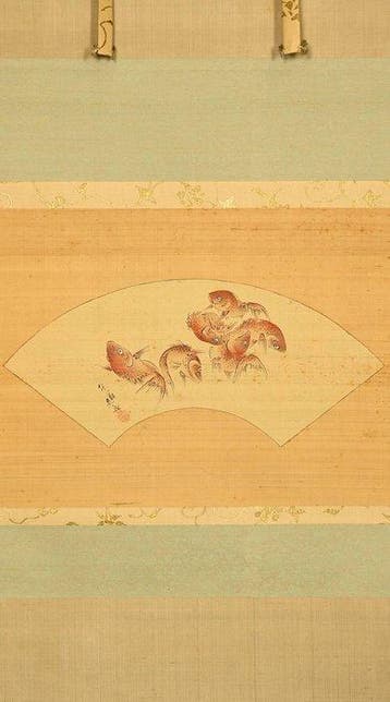 Very fine auspicious scroll depicting six tai breams, signed, Antiek en Kunst
