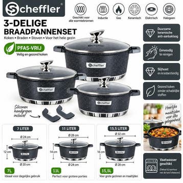 Scheffler Pannenset – 3-delig  PFAS VRIJ inductie, Ophalen of Verzenden, Nieuw, Aluminium, Braadpan