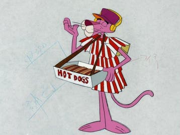 Friz Freleng - Originele animatiecel en tekening van De Roze, Nieuw in verpakking