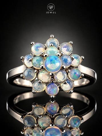 Ring met opaalcluster - 925 zilver - Bloemenontwerp - Blauwe