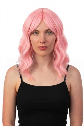 KIMU® Luxe Roze Pruik Schouderlengte Schuine Pony Krullen Ou, Ophalen of Verzenden, Nieuw, Carnaval