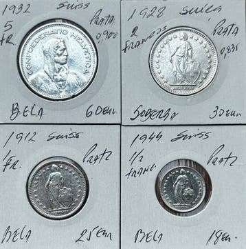 Zwitserland. Lote de 4 Moedas de Prata .900/.835 (Total: