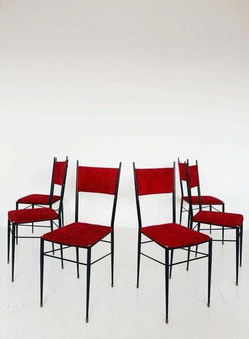 Stoel - Textiel, Metaal - Set van zes vintage stoelen, Antiek en Kunst