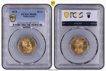 Gouden Willem III 10 gulden 1876 MS66 PCGS gecertificeerd, Koning Willem III, Verzenden, Goud, Losse munt