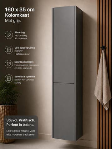 Online veiling: Kolomkast, mat grijs, 160 x 35 cm, Nieuw