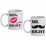 Beker cadeau set Mr &amp; Mrs Right 300 ml - Bruiloft mokken, Ophalen of Verzenden, Nieuw