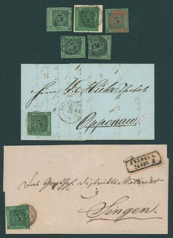 Baden 1853 - 3 kr. zwart op groen met alleen betere, Gestempeld