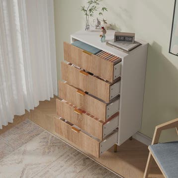 Ladekast met 5 Laden - Witte Commode met Naturel Houtstructu, Verzenden, Nieuw