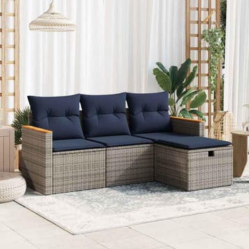 vidaXL 4-delige Loungeset met kussens poly rattan grijs, Verzenden, Nieuw, Loungeset