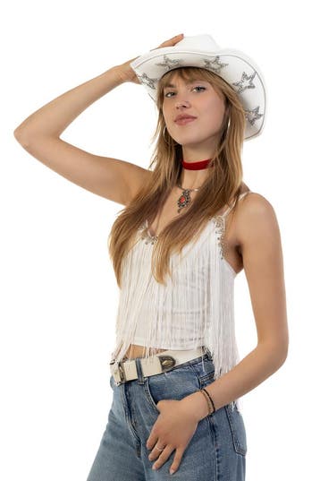 KIMU® Cowboyhoed Wit Sterren Steentjes Witte Cowboy Western, Kleding | Dames, Ophalen of Verzenden, Nieuw, Carnaval