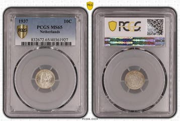Koningin Wilhelmina 10 cent 1937 MS65 PCGS gecertificeerd, Verzenden, Zilver, 10 cent, Koningin Wilhelmina
