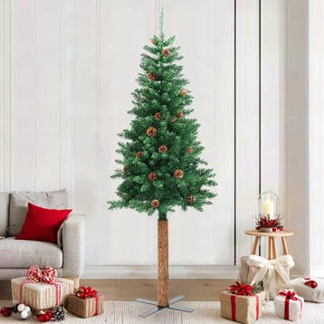 vidaXL Kerstboom met echt hout en dennenappels smal 210 cm, Verzenden, Nieuw