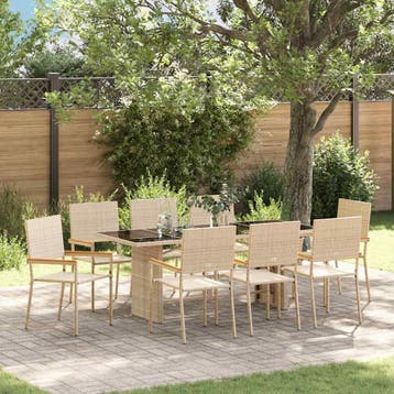 vidaXL Tuin eettafelset 9 pcs Beige poly rattan, Tuin en Terras, Tuinstoelen, Verzenden, Nieuw, Rotan