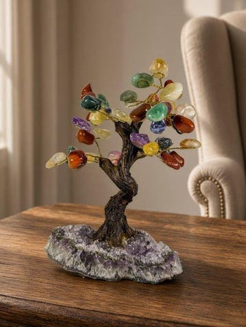 NO RESERVE PRICE - Prachtige Edelsteenboom op Amethist Geode