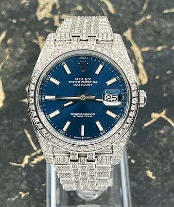 Rolex Datejust 41 - Blue Dial -126300 - Iced Out - Diamonds, Staal, Polshorloge, Nieuw, Rolex