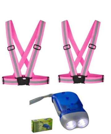 2x veiligheidsvest-riem roze + 1x knijpkat-zaklamp 6lm, Nieuw