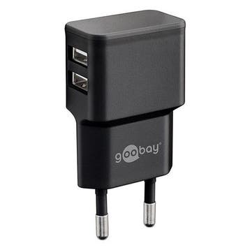USB A oplader | Goobay | 2 poorten (USB A, 12W, Zwart), Verzenden, Nieuw