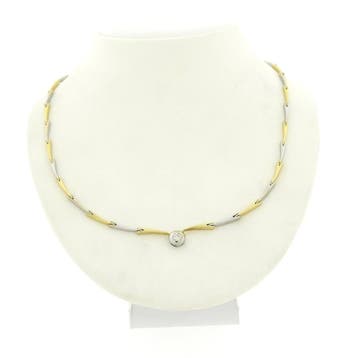 Bicolor gouden collier met diamant; 0,16 ct. (Ketting), Sieraden, Tassen en Uiterlijk, Gebruikt, Ophalen of Verzenden, Met edelsteen