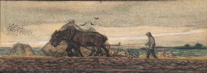 Adriaan Herman Gouwe , Ploegende boer achter trekpaarden, Antiek en Kunst, Kunst | Schilderijen | Klassiek
