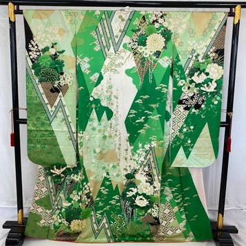 Japanse vintage kimono furisode, zijde, groen, traditioneel,