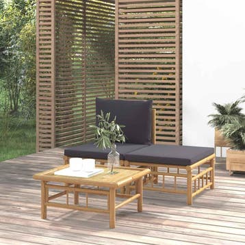vidaXL 3-delige Loungeset met kussens bamboe donkergrijs, Verzenden, Nieuw, Hout, Loungeset
