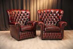 Engelse Chesterfield bankenset, 3-zitsbank + 2 fauteuils, Ophalen of Verzenden, Zo goed als nieuw, Leer, Chesterfield