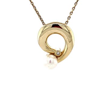 Gouden hanger met parel en diamant 14 krt, Sieraden, Tassen en Uiterlijk, Kettinghangers, Verzenden, Zo goed als nieuw, Goud
