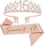 Sweet Sixteen set met diadeem en sjerp deLuxe rosé goud glit, Hobby en Vrije tijd, Feestartikelen, Verzenden, Nieuw, Versiering