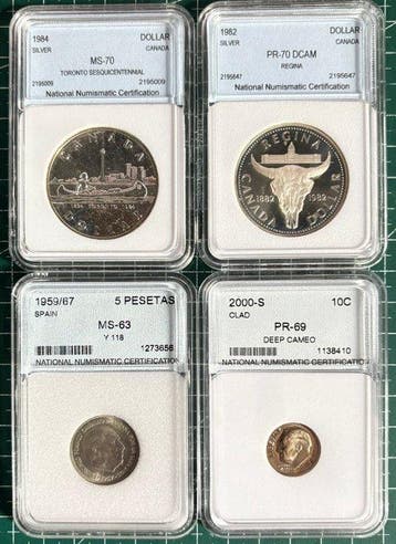 Canada, Spanje, Verenigde Staten. Dime, Dollar, Pesetas