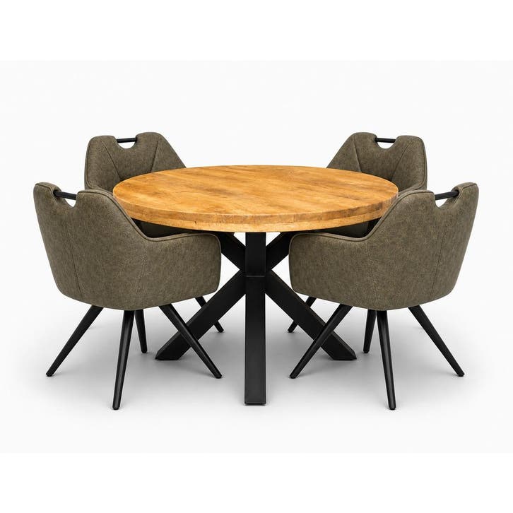 Lars Deal 130cm mango + 4x Indiana stoel misty hunter, Huis en Inrichting, Stoelen, Nieuw, Ophalen of Verzenden