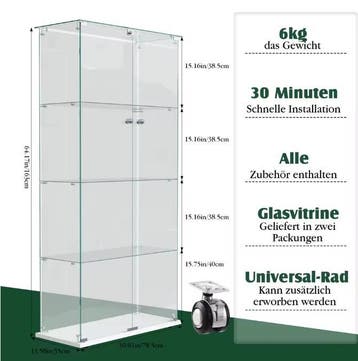 Glazen Vitrinekast met LED – 4 Laags en Dubbele Deur, Wit, Huis en Inrichting, Kasten | Vitrinekasten, Verzenden, Nieuw