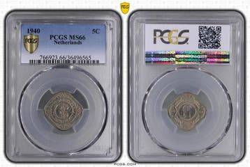 Koningin Wilhelmina 5 cent 1940 MS66 PCGS gecertificeerd, Postzegels en Munten, Verzenden, Koningin Wilhelmina, 5 cent, Losse munt