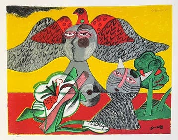 Corneille (1922-2010) - Chat, fleur et oiseau