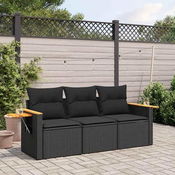 vidaXL 3-delige Loungeset met kussens poly rattan zwart, Verzenden, Nieuw, Loungeset