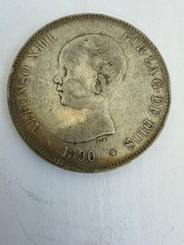 Spanje. Alfonso XIII. 5 Pesetas 1890 *90 PGM (Zonder, Postzegels en Munten