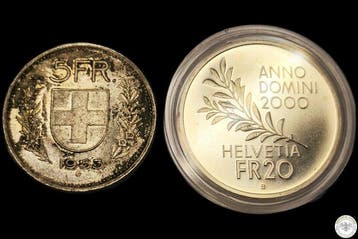 Zwitserland. Set of 2 coins: 5 & 20 Francs 1953/2000, incl.