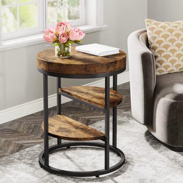 Nieuwe Industriële Ronde Bijzettafel met 3 Planken Houtlook, Huis en Inrichting, Tafels | Bijzettafels, Verzenden, Nieuw, Rond