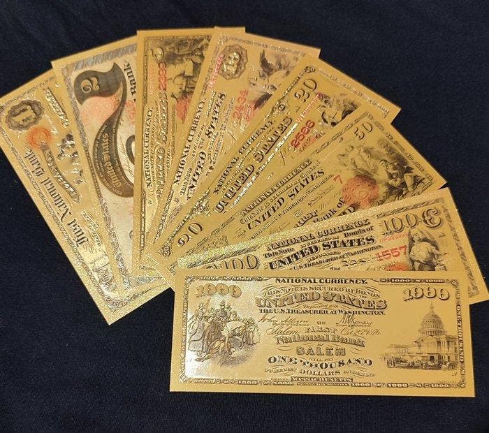 Themacollectie - 24-karaats verguld bankbiljetten, Antiek en Kunst, Antiek | Speelgoed