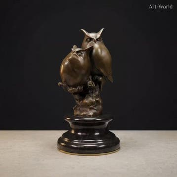 Beeld, Een prachtig beeld van twee uilen - 18 cm - Brons, Antiek en Kunst