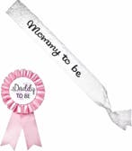 Wit kanten sjerp Mommy to be + rozet Daddy blayw of roze, Verzenden, Nieuw, Versiering, Geboorte of Huwelijk