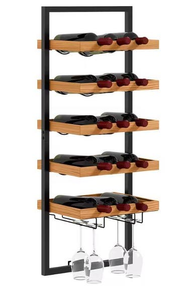 Wand Wijnrek 5 Lagen – Houten en Stalen Flessenrek met Glash, Verzenden, Nieuw