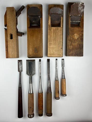 Vintage Japanse houtbewerkingsset van 10 stuks, traditionele