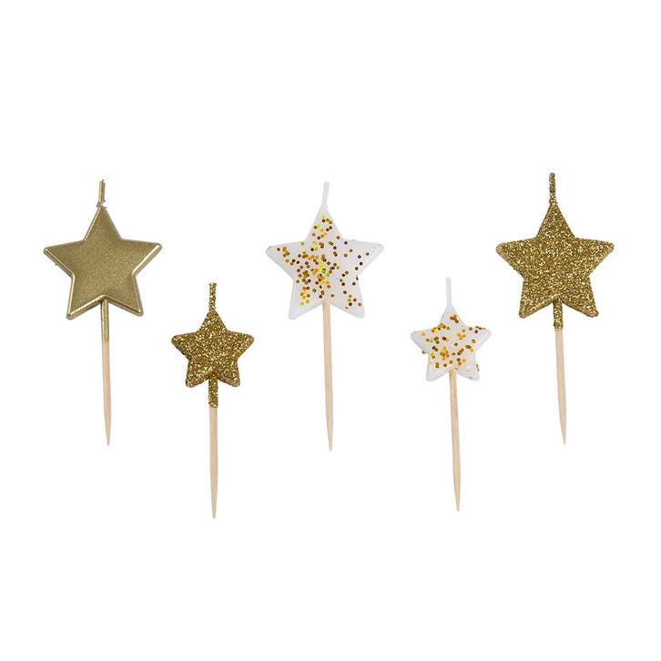 Taartkaarsjes Sterren Goud 5st, Hobby en Vrije tijd, Taarten en Cupcakes maken, Nieuw, Verzenden